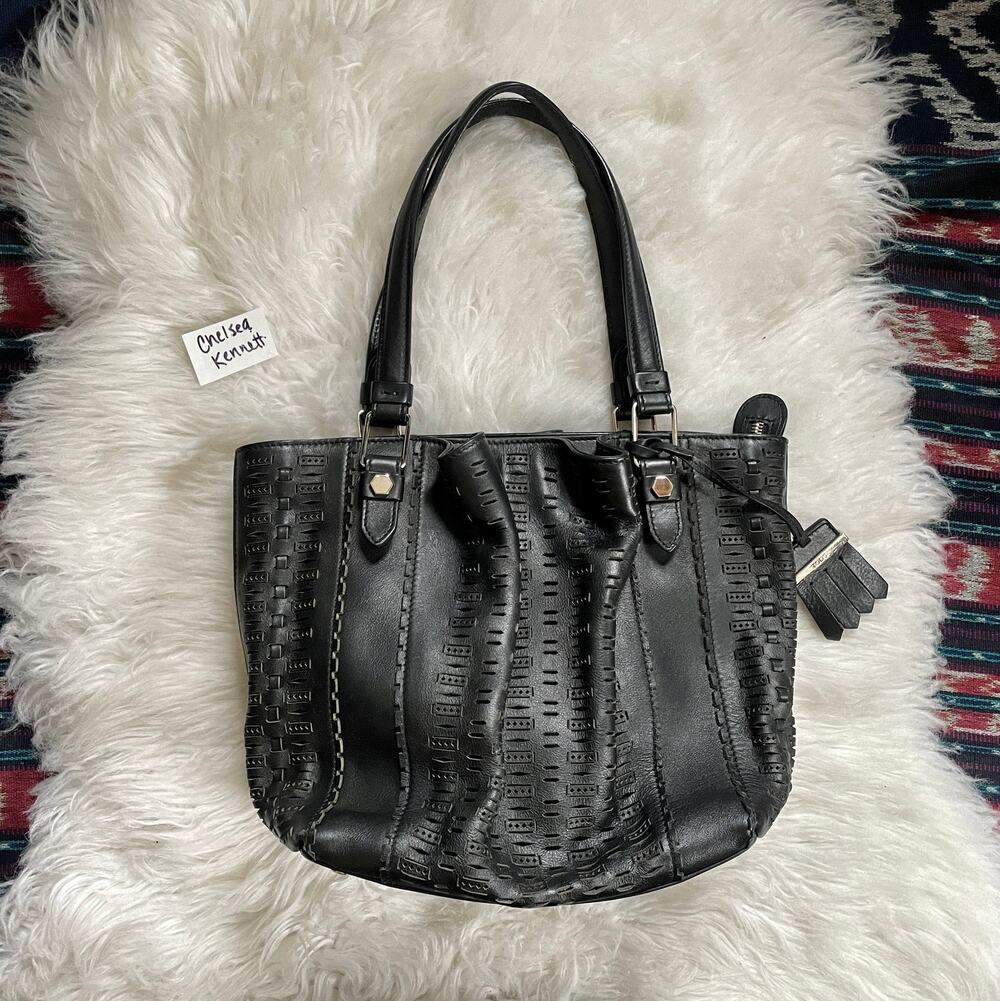 Tod's Laser Cut Flower Tote Shoulder Bag Small Lazer Perforated Black Leather